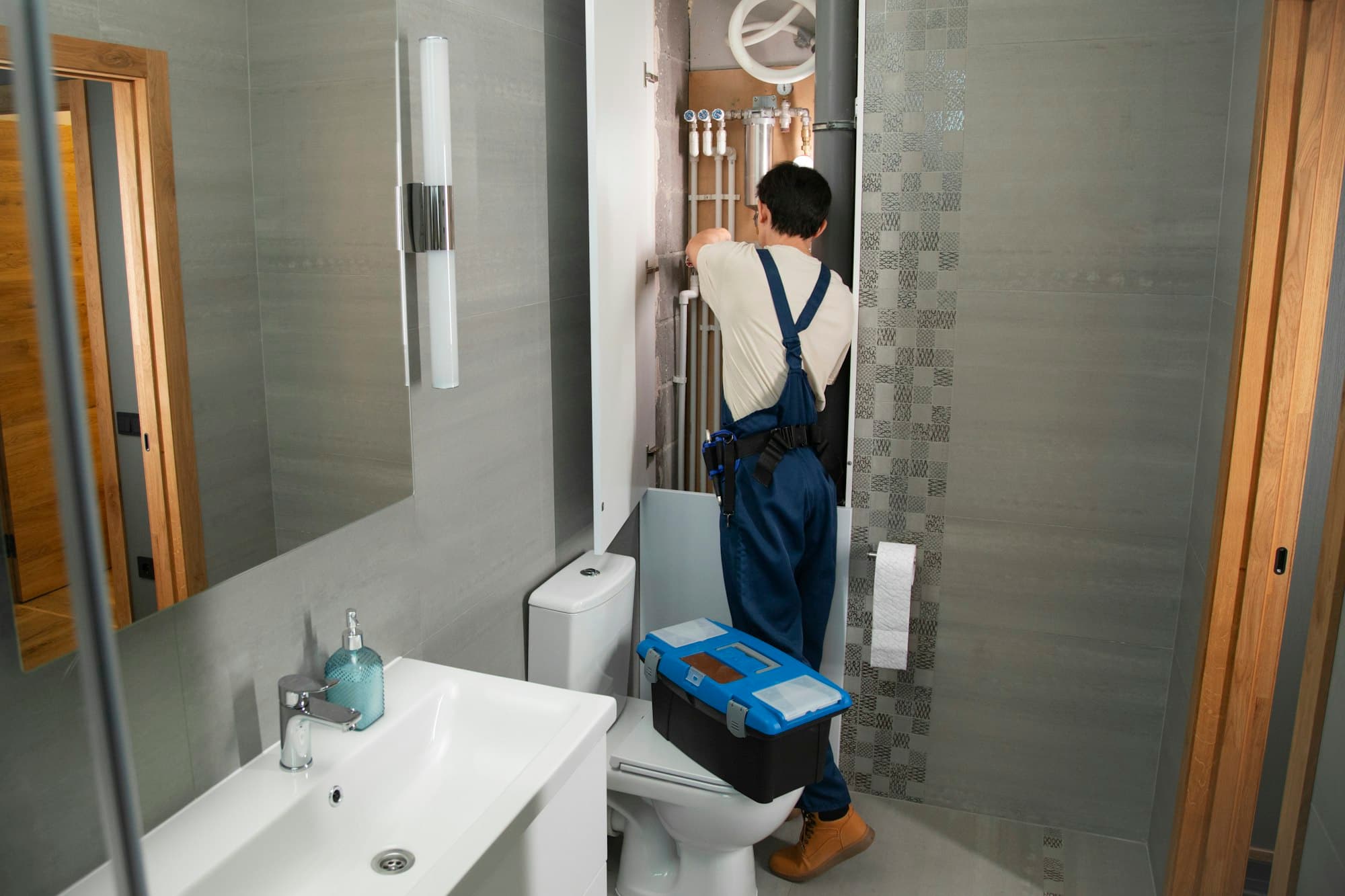 A plumber in blue overalls works on exposed water pipes and valves inside a wall cabinet in a home bathroom.
